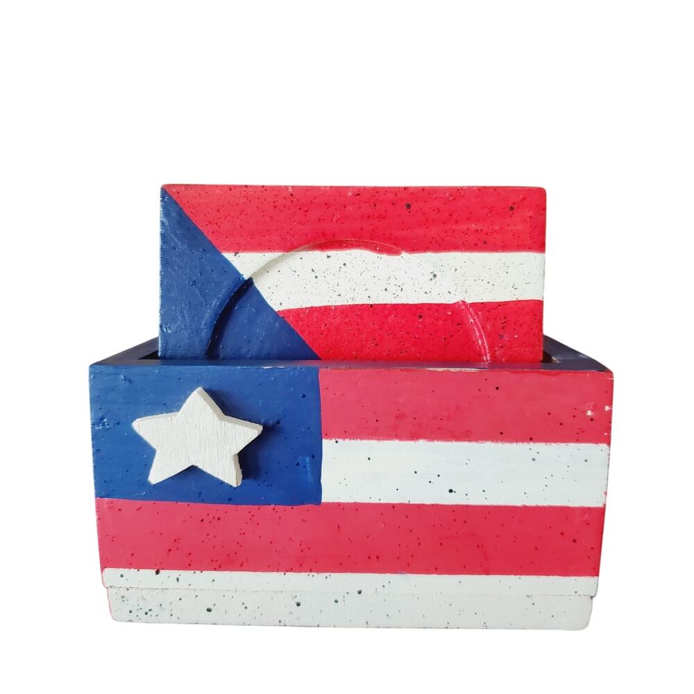 Vintage Handmade Set of 6 Hand-Painted American Flag Coaster Box Set Adult's